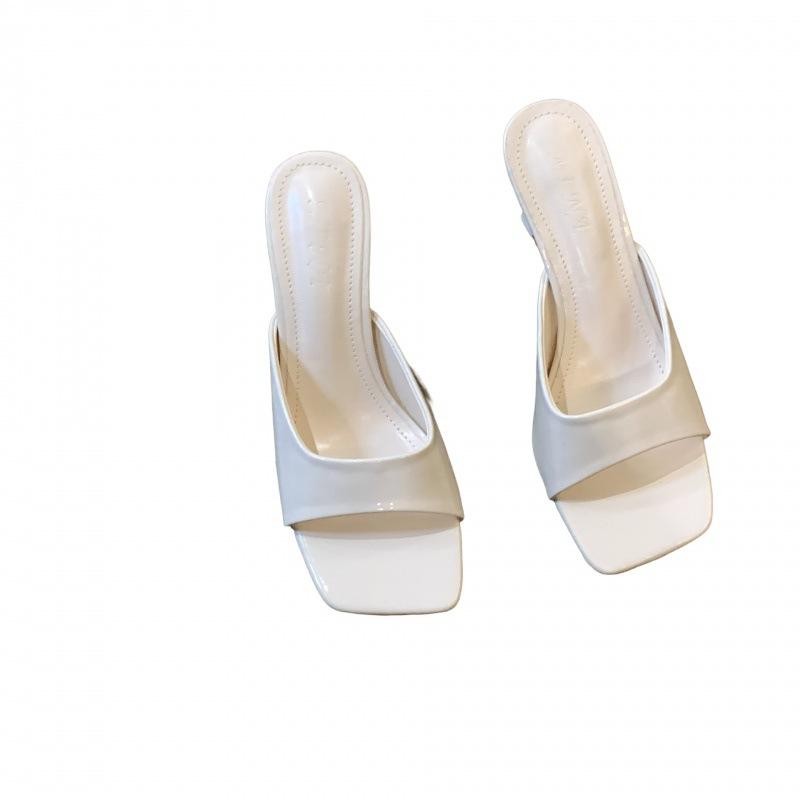2025 spring and autumn new fashion patent leather high-heeled cool slippers thin-heeled square-headed open-toed one-word slippers