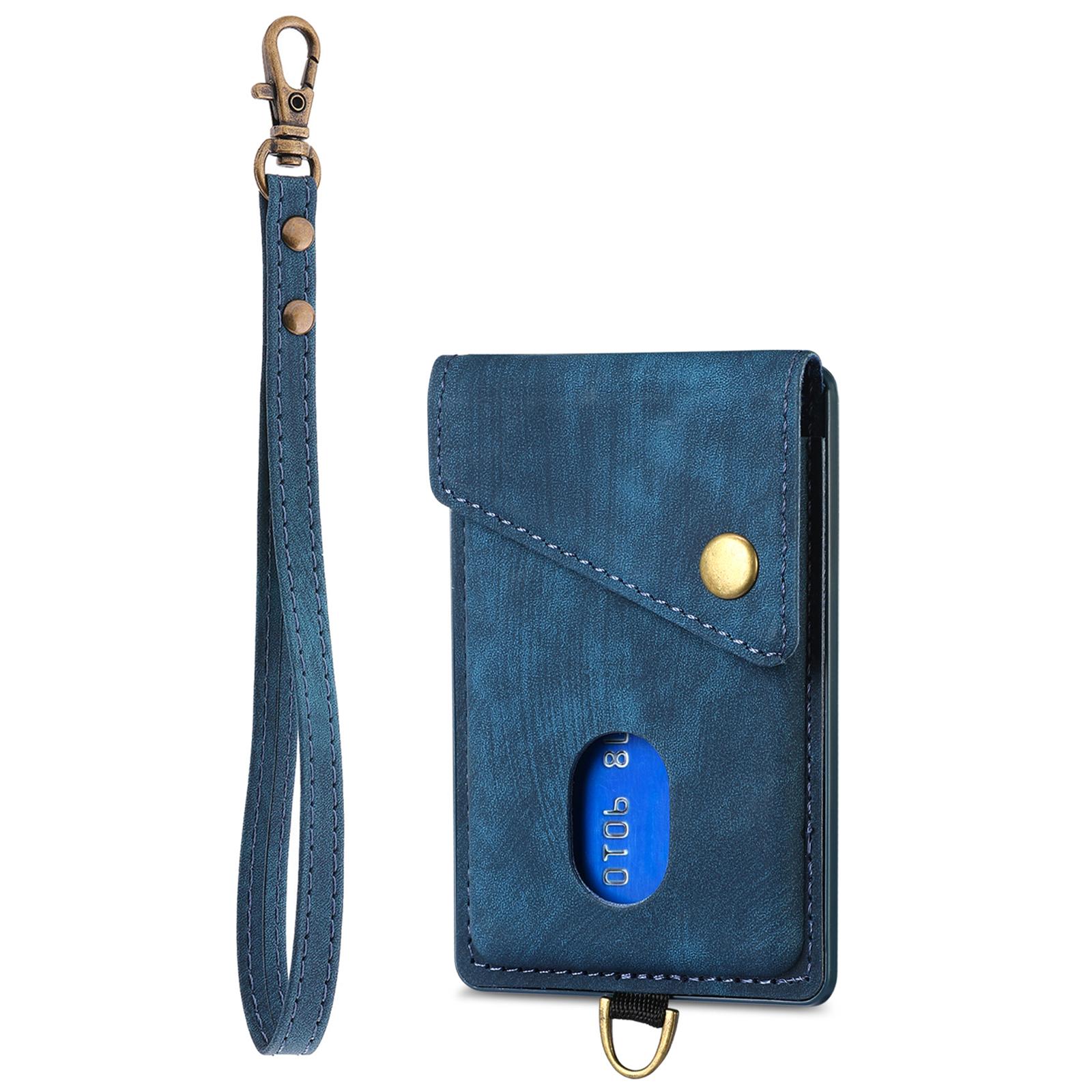 

KB-35 Adhesive Phone Back Card Holder Retro PU Leather Flip Lid Card Bag with Hand Strap Blue