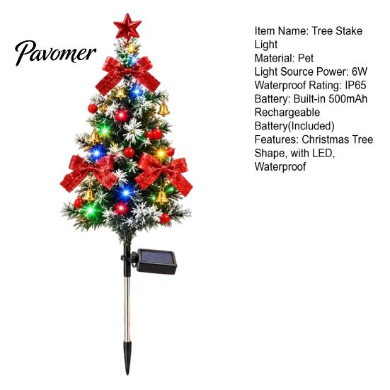 Decorative Christmas Lawn Stakes Solar Tree Stake Light, LED Lighted Artificial with Bow Star Party Supplies Bell Ball, IP65 Waterproof Garden
