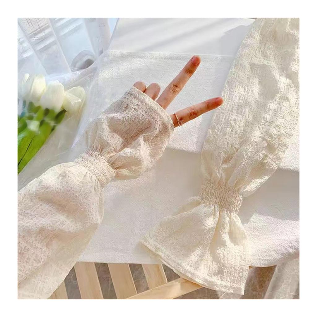Ice Silk Arm Cover Sun Protection Pleated Puff Bubble Sleeves Women Summer Accessories Beige