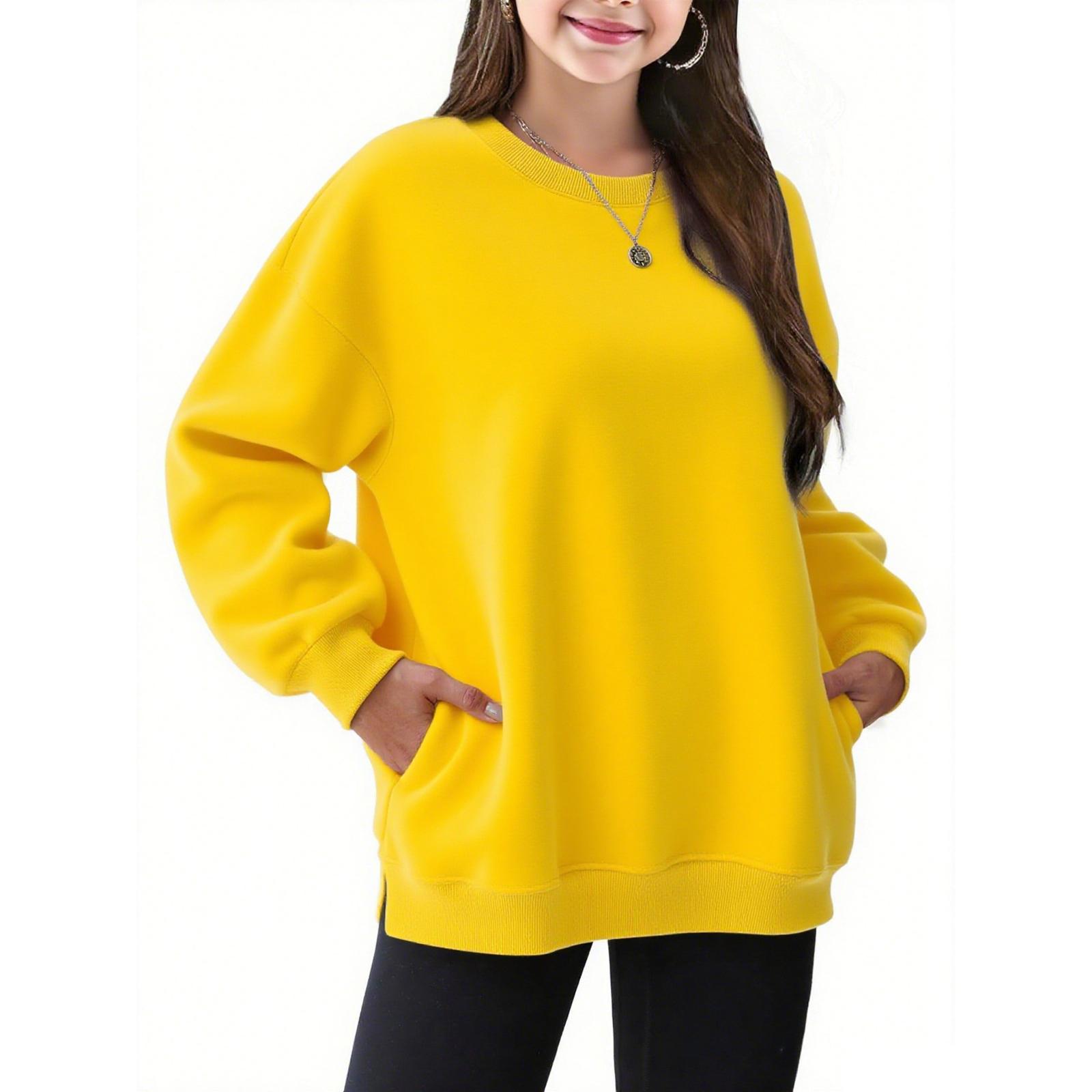 

Детская мода Однотонный пуловер Повседневный с круглым вырезом Детская стильная толстовка с капюшоном среднего размера 160 жёлтый