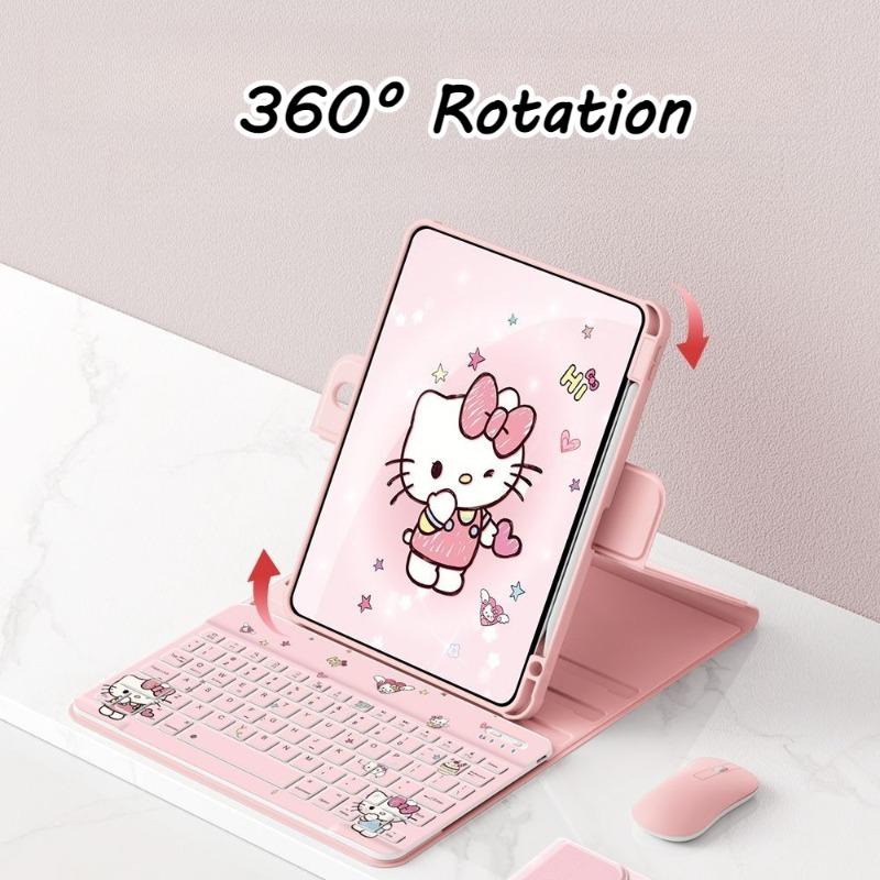 Hello Kitty Tablet Case with Wireless Keyboard Set for Ipad 11th A16 Air7/6 Pro 11in 10th 10.9 Air4 5 9th 10.2in Rotatable Case