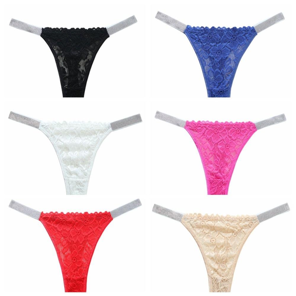 Transparent Lace Flower Panties Mid Waist Mesh Briefs Breathable Rhinestone Thong Ladies