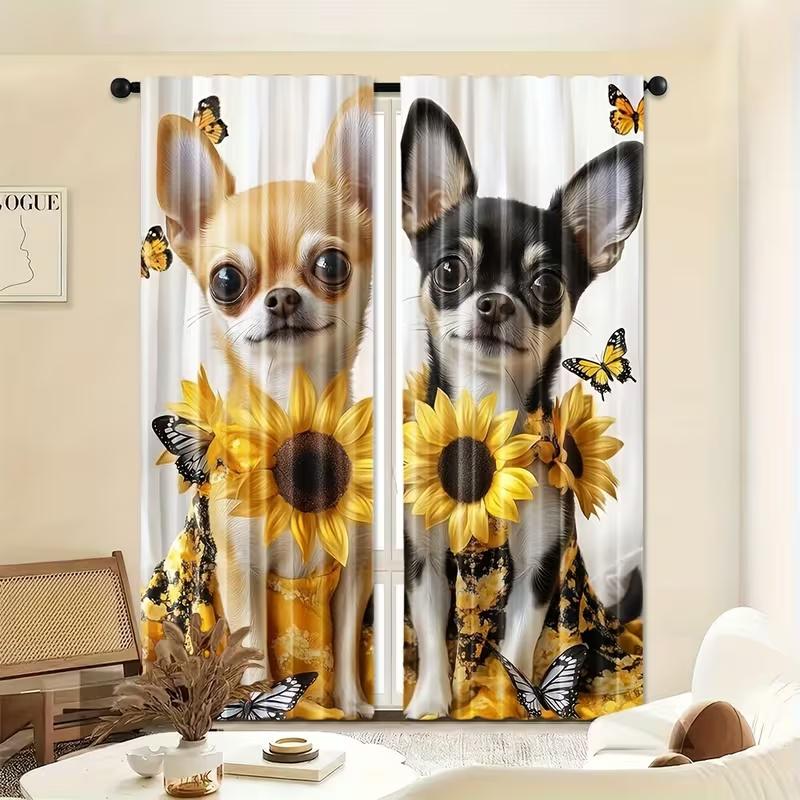 2Pcs Cute Yorkshire Terrier Print Curtains,suitable for Bedroom,living Room Kitchen Decoration,home Decoration,window Decoration