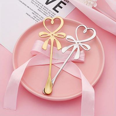2 Stück Herz Schleife Hängelöffel, Liebe Schmetterling Kaffeelöffel, Kaffeerührlöffel aus Edelstahl, Liebes-Schleifenlöffel aus Edelstahl