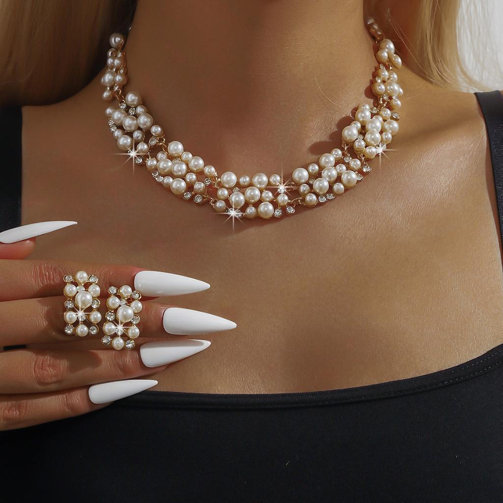 3PC Wedding Season Women's Fashion Imitation Pearl Necklace Earrings Jewelry Set Suitable for Wedding Parties and Festival Gifts