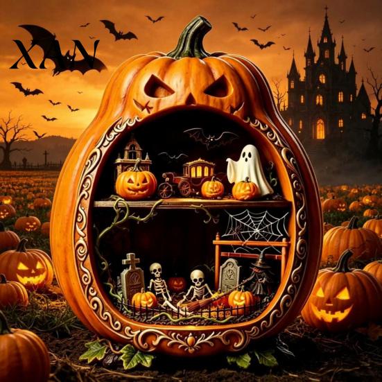 Halloween Pumpkin Ornaments Centerpiece Pumpkin, Wooden Ornament with Miniature Scenes, Rustic Decorative Skeleton for Farmhouse Home Table