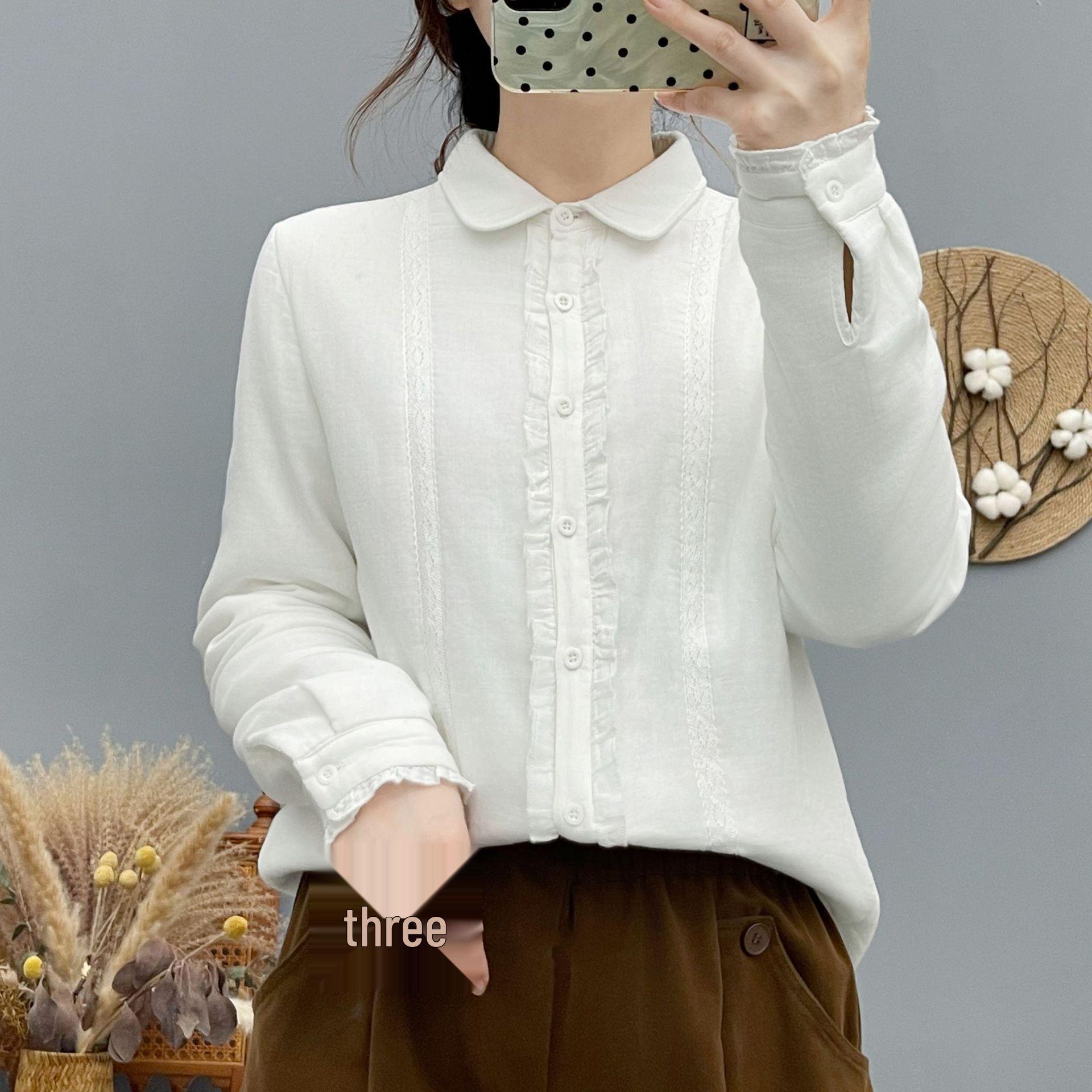 2025 Winter Women s Sweet Lace Velvet Long-Sleeve Quilted Shirt M белый