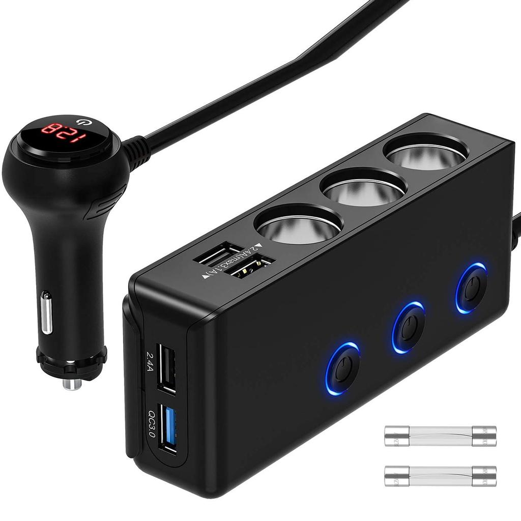 Car Chargers 120W QC3.0 Quick Charging Adapter 3-Socket Power Splitter 12-24V with 4 USB Ports