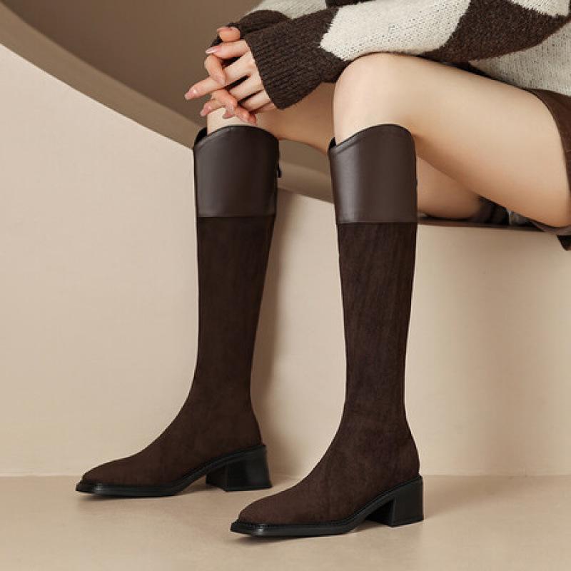 Korean Version of the New Medium-heeled High Boots, Comfortable Square-heeled Thick-soled Non-slip Leather Boots, Zipper Solid-color Martin Boots Aft