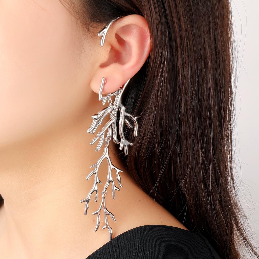 Fashion Jewelry, Versatile Metal Personality Coral Left And Right Asymmetrical Long Earrings Earrings