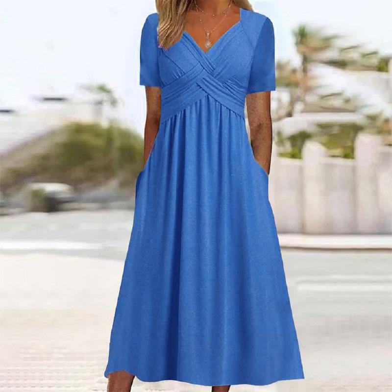 Women's V Neck Short Sleeve Maxi Dress Loose Fit High Waist Casual Summer Long Dress