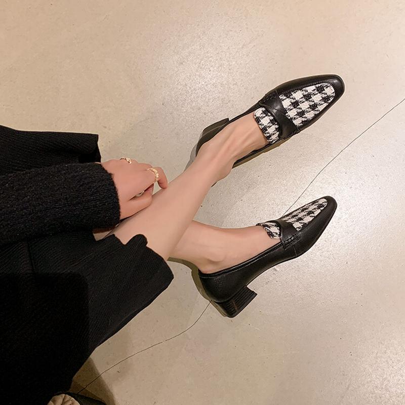 Fashion NEW Spring Women Loafers Square Toe High heels Cotton Fabric Chunky Heel Women Pumps Retro Lattice Split Leather Shoes for Women