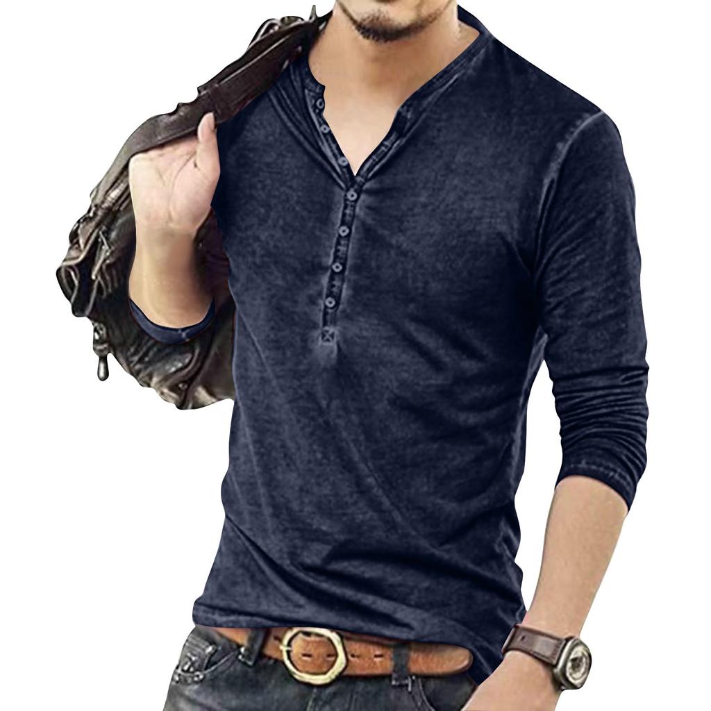 Men's Solid Color Long Sleeve Button Collar Long Sleeve T-Shirt Men's Casual Fashion Top
