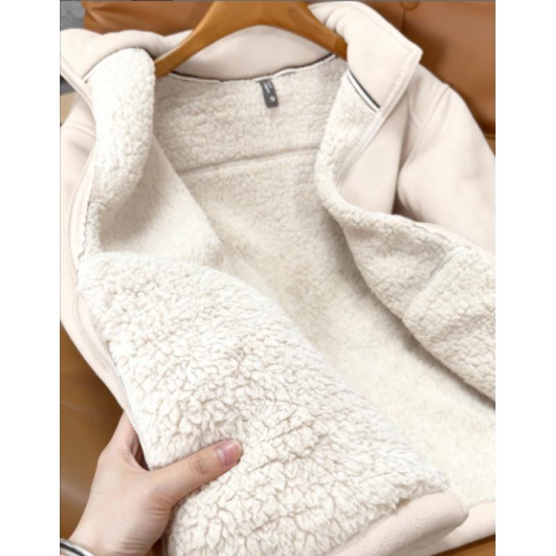 Womens Fleece Jacket Winter Warm Cardigan Double-sided Velvet Liner Stand Collar Coat