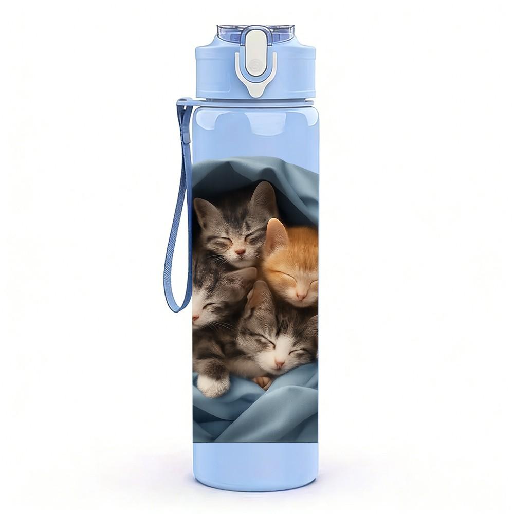 1PC Kittens Wrapped Blue Cloth 750ml Color Plastic Sports Water Bottle Leakproof Flip Straw Lid Suitable for Sports Office Home Use