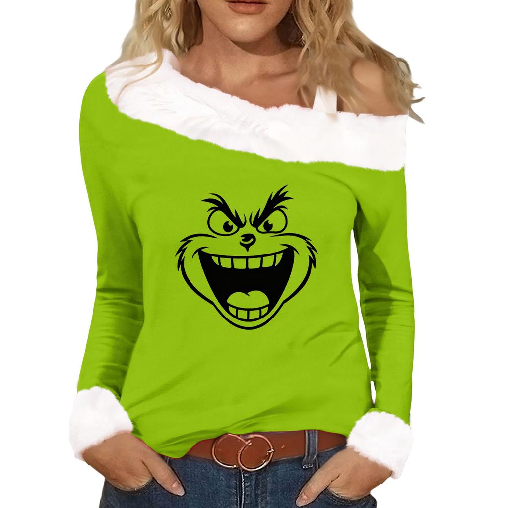 Women's Casual Fashion Sexy Off-Shoulder Collar Christmas Pattern Long Sleeve Crewneck T-Shirt Top