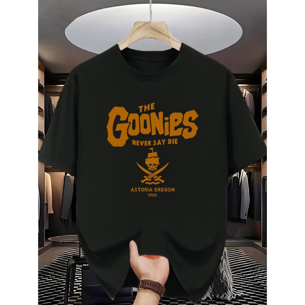 

Goonies Never Give Up Vintage Graphic T-Shirt movie design bright blue-orange print casual short-sleeved shirt S