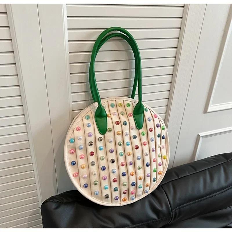 Colorful Rivet Canvas Circular Shoulder Bag Large Capacity Unique Design Casual Tote Bag for Women Fashion 4 New Style