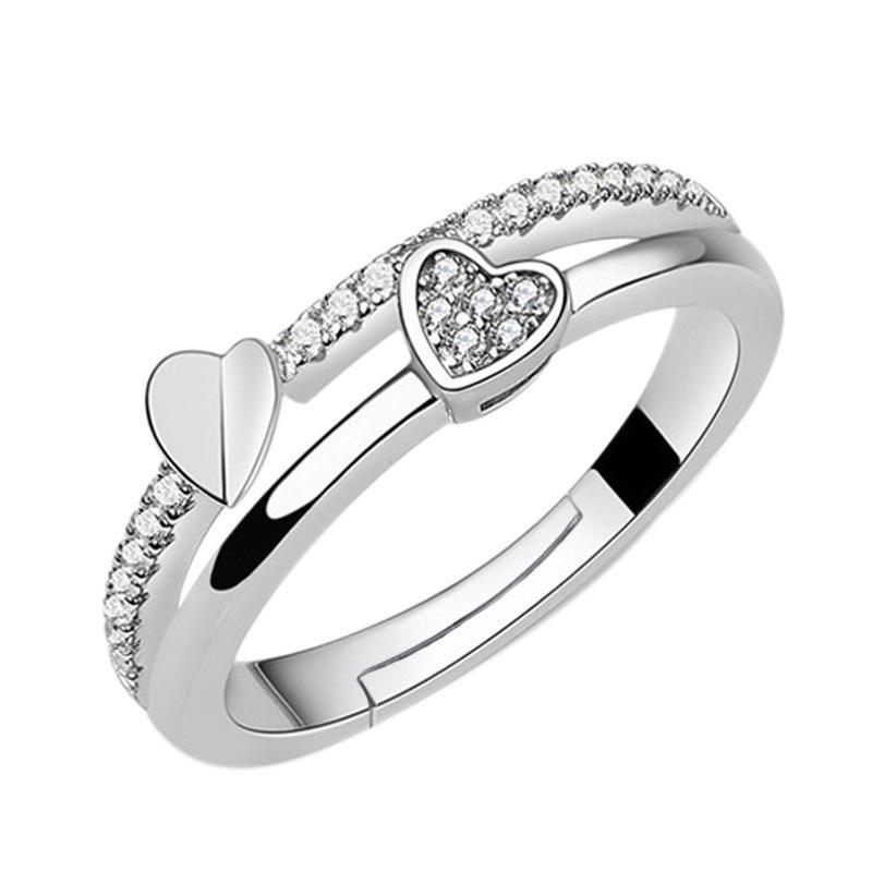 Fashion Ladies Crystal Love Heart Adjustable Open Rings Jewelry