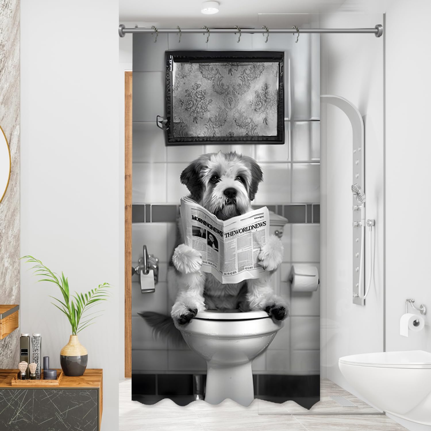 

Funny Dog Shower Curtains, Cool Dog Read Book Shower Curtain, Fun 36 X 72 Inch Pet Puppy Waterproof Shower Curtains With Metal H W60H190(CM)-1 Pcs