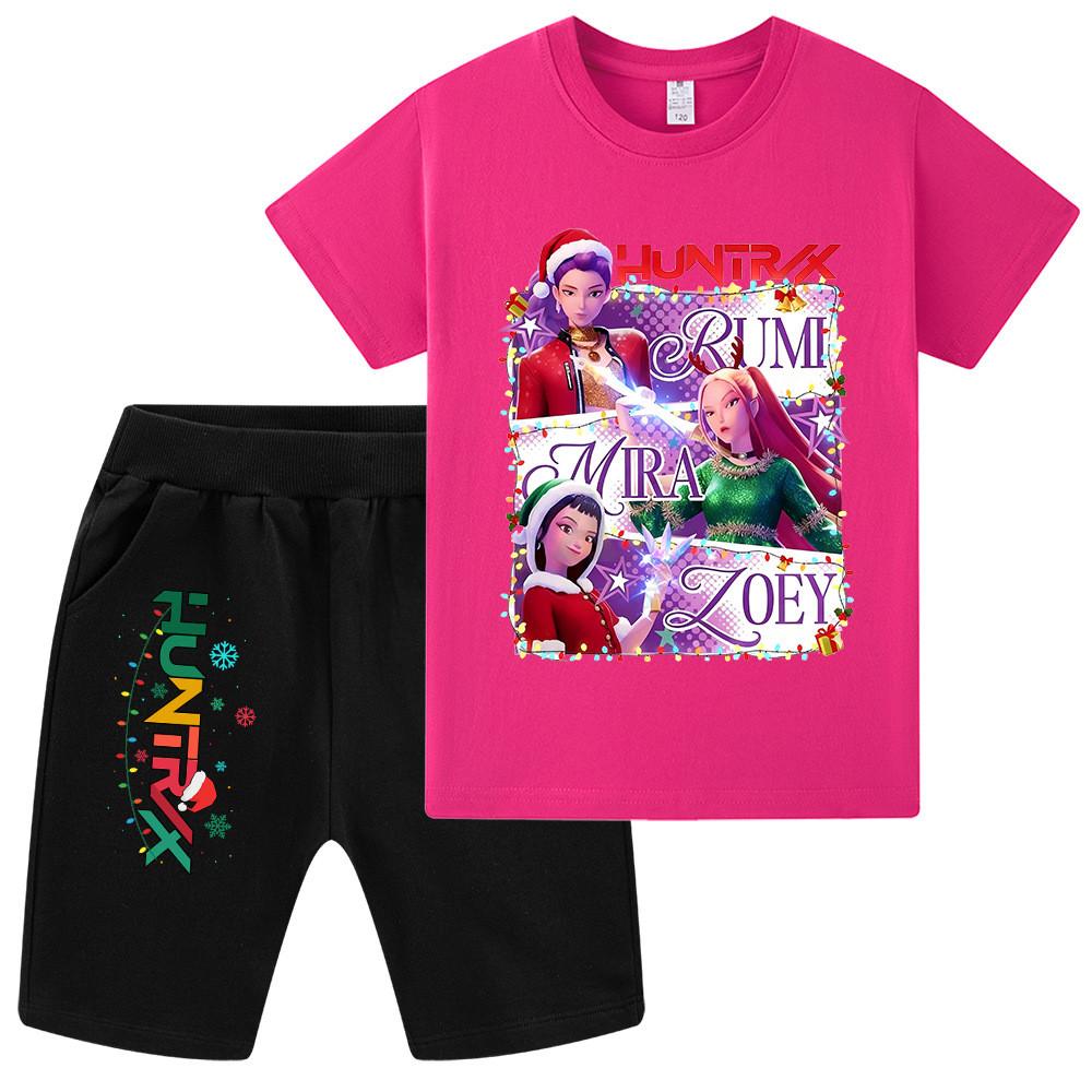 WA1265 Kids Boys Girls Kpop Rumi Zoey Mira Christmas Print Short Sleeves T-shirt Shorts Pants Sets