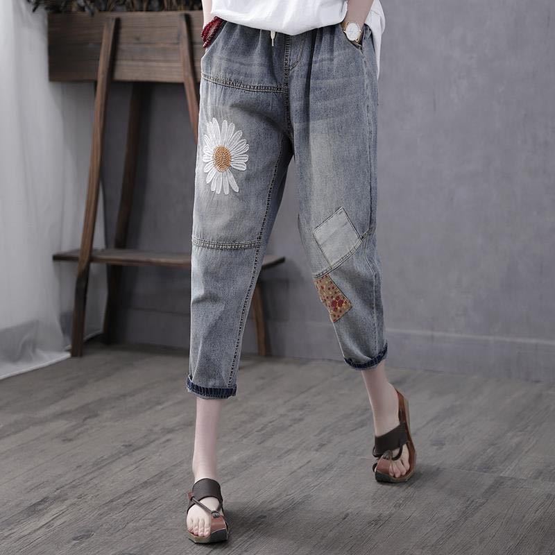 

Весна и лето Ретро литературная вышивка джинсы женские капри брюки свободные с высокой талией шаровары женские 3XL