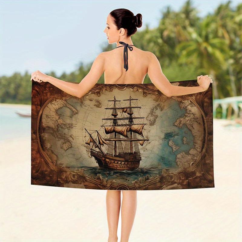 Strandtuch Vintage Karte und Schiff Bedrucktes Muster Sonnenschutz Winddicht Geeignet für Pool Camping Reise Decke