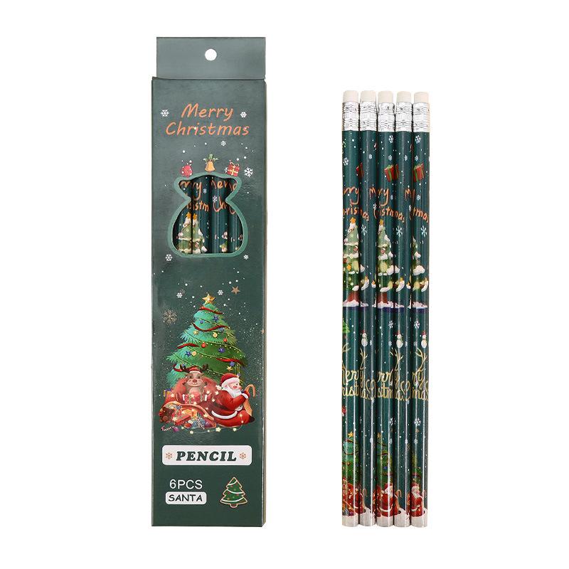 6-Pack Christmas Cartoon Pencils with Eraser Tips - Round Shafts for Children and Students