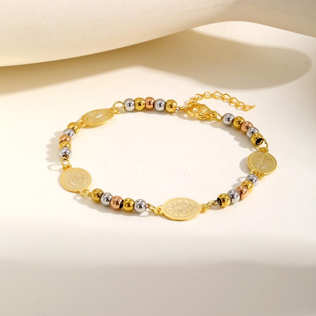 Dreifarbige runde Perlen Jungfräulichkeitsarmband für Damen, Armband aus Edelstahl in Goldfarbe, Wasserdichter Schmuck, Geschenk