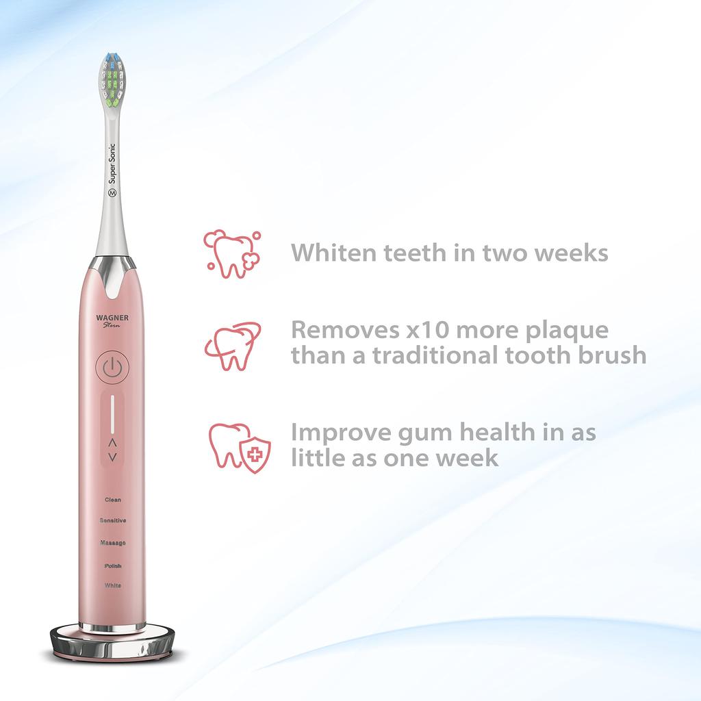 Wagner Stern Ultrasonic Whitening Toothbrush with Pressure 5 Brushing Modes and 4 Intensity 8 Soft and Travel Sensor, Levels, Bristles, Case.