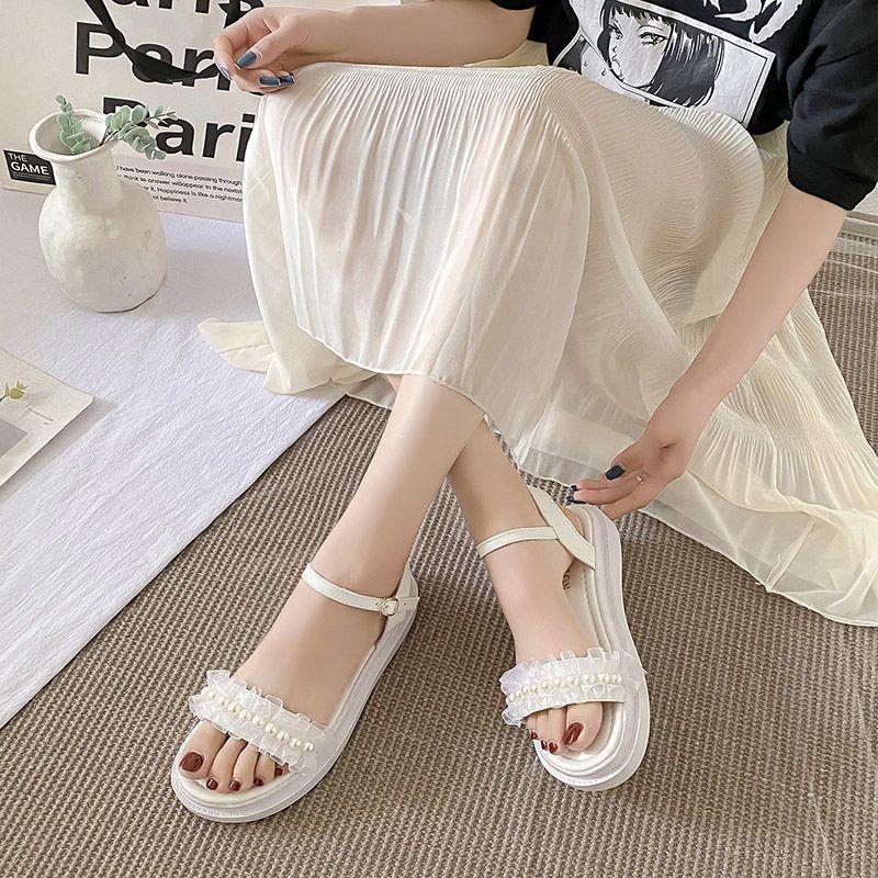 Outdoor Pearl Platform Round Toe Tip Women's Sandals 2025 Luxury Casual Pvc Low Price Korea Sandal Trending Vintage Ladies Shoes
