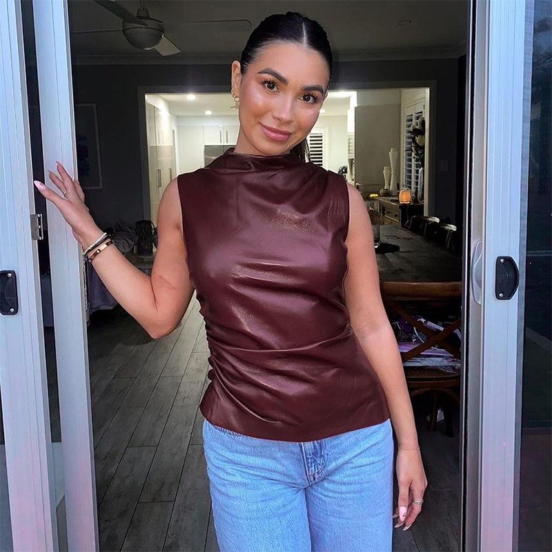 Sleeveless Leather Vest Wind Women's Clothing Leather Stand-up Collar Personalized Waist Irregular Hem Sleeveless Top