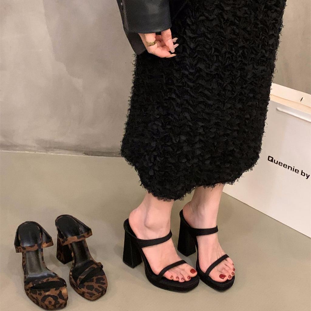 thick heel super high heel leopard print one-word slippers women's shoes wear 2025 new summer temperament black sandals