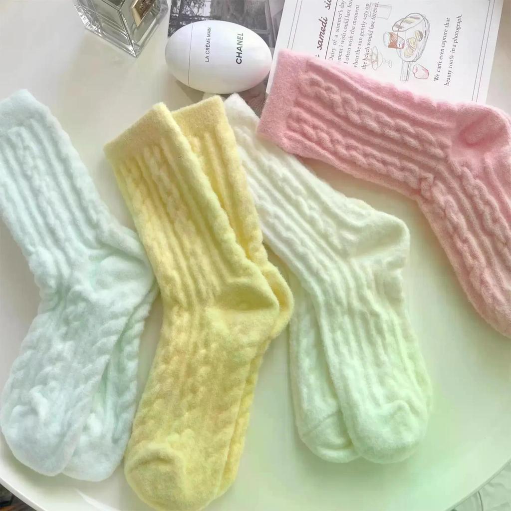 Winter warm wool socks plus fleece thickened plush sleeping socks Candy colored knitted striped women socks cute fashion socks