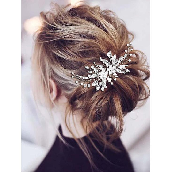 Yean Bride Leaf Bridal Hair Comb Pearl Wedding Hair Piece Rhinestone Hair Accessories for Women and Girls (Silver)