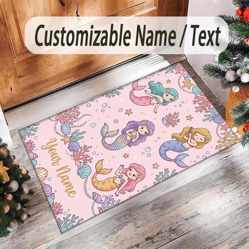 Mermaid Theme Crystal Velvet Floor Rug Personalized Custom Name Text Warm Carpet Home Decoration