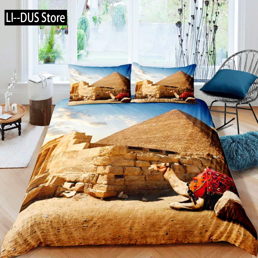 Comforter Pyramid King African Ancient Egyptian Pyramid Vintage Bedding Set Polyester Camel Desert Scene Egypt Comforter (quilt)-EU Single(135*200cm)3pcs