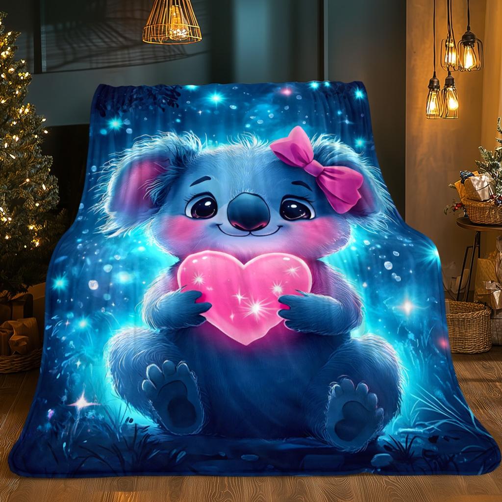 1pc Cute Koala Holding Pink Heart Sparkle Blue Background Flannel Blanket Soft Throw Bed Cover Animal Lover Gift Kids Room Decor