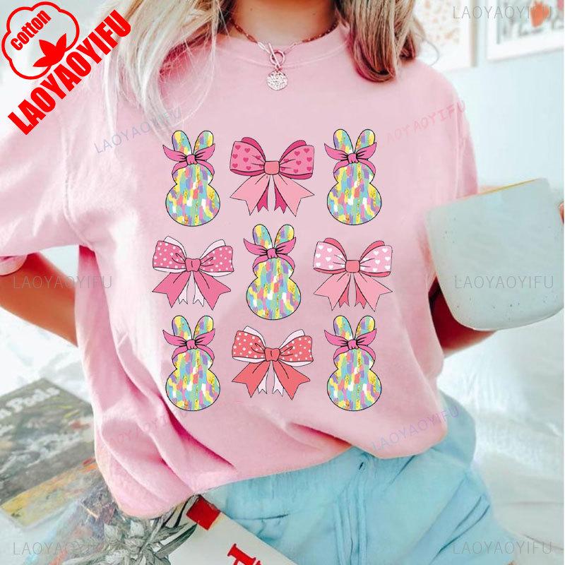Brushstroke Bunny Easter T Shirt Kawaii Women Short-sleev Tee-shirt Retro Style Streetwear Fashion Casual Cotton Tops Ropa Mujer
