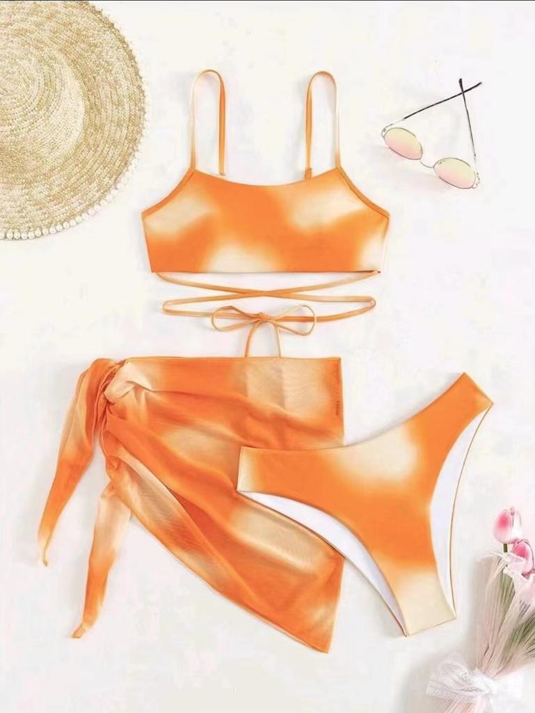 New smudge solid color split swimsuit strap three-piece bikini European and American sexy suspender halter strap