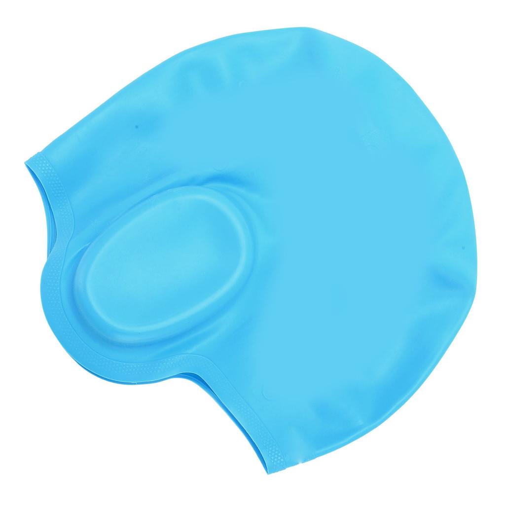 Waterproof Silicone Swimming Cap with Ear Protection 3D Strong Elasticity Long Hair Swimming Hat for AdultsLight Blue