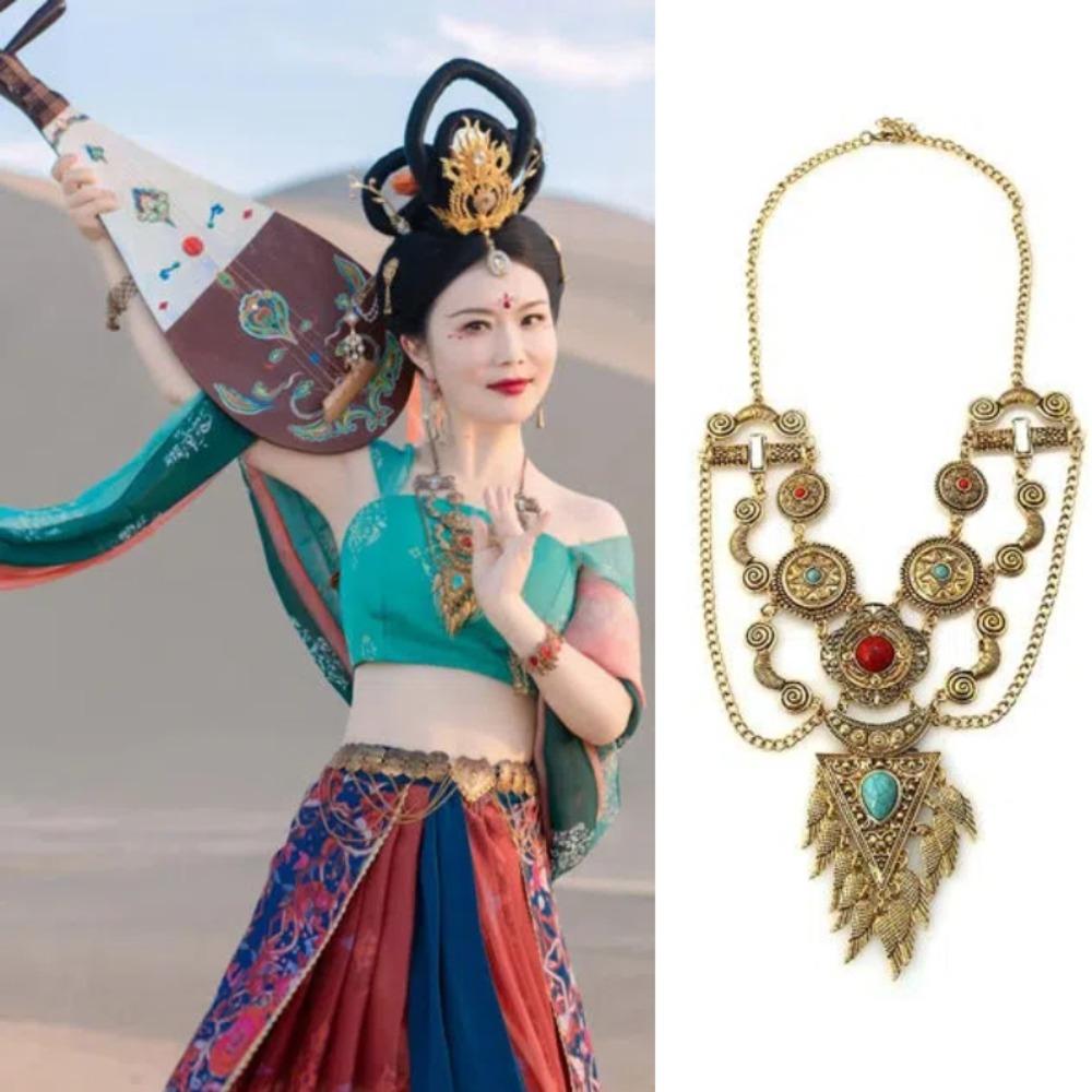 Colorful Stone Bohemia Tassel Necklace Vintage Sweater Chains Tibetan Metal Necklace Festival