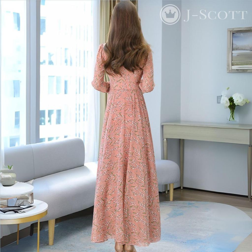 J-Scott Women's Long Chiffon Dress with Small Floral Print, Puff Sleeves, Bow Tie, High Waist, A-Line, Pink, JS08-PK-L