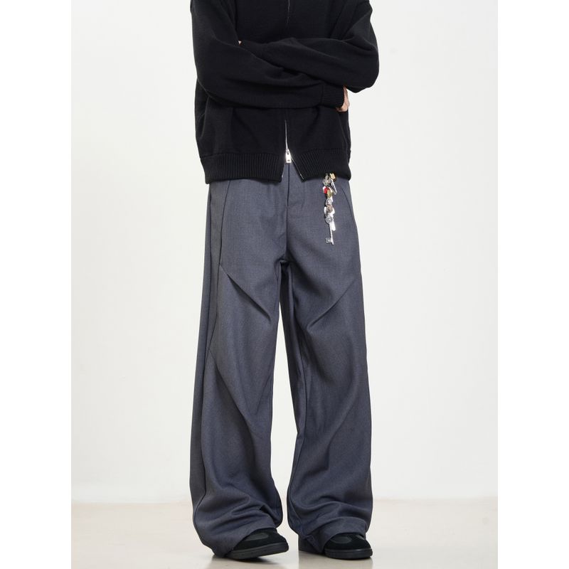 Kisko American High Street Style Pleated Design Drapey Black Dress Pants Unisex Loose Straight Cleanfit Casual Pants