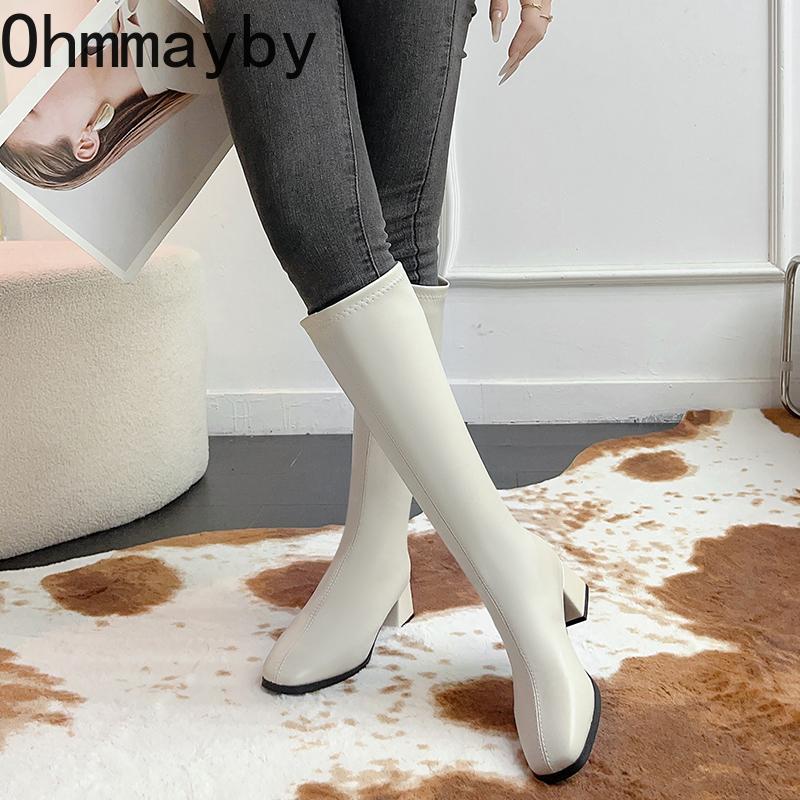 Autumn Winter Thick Heels Woman Knee High Boots Fashion Square Toe Party Dress Shoes Female Vintage Long Booties  De Muje