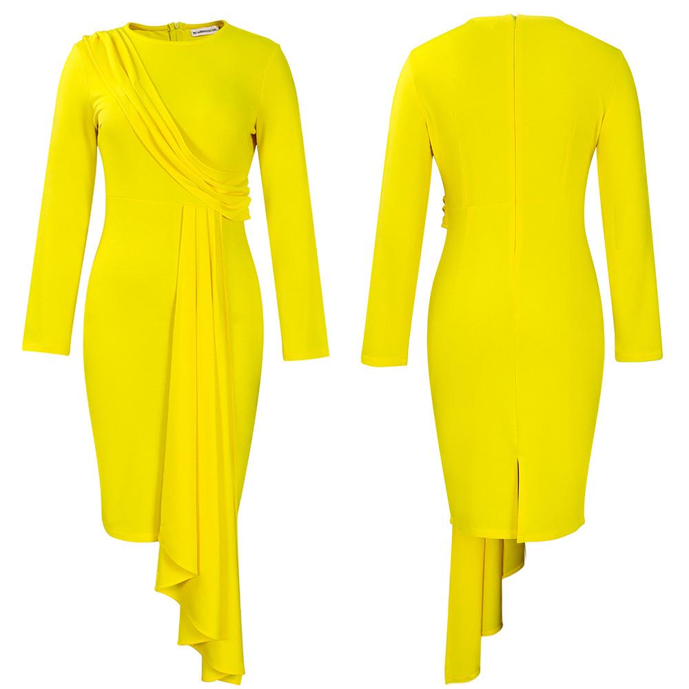 Large Size Women Spring Autumn Fashion Round Collar Long Sleeves Pencil Dress Ladies Elegant One Piece Solid Sheath Dress