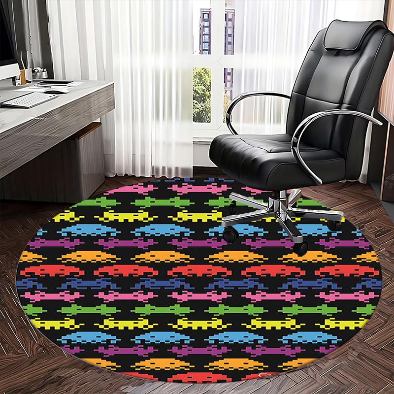 Space Invaders Pattern,Retro Video Game Design Chair mat Round Rug Office carpet, Machine Washable, Non slip, Suitable for Living Rooms, Bedrooms