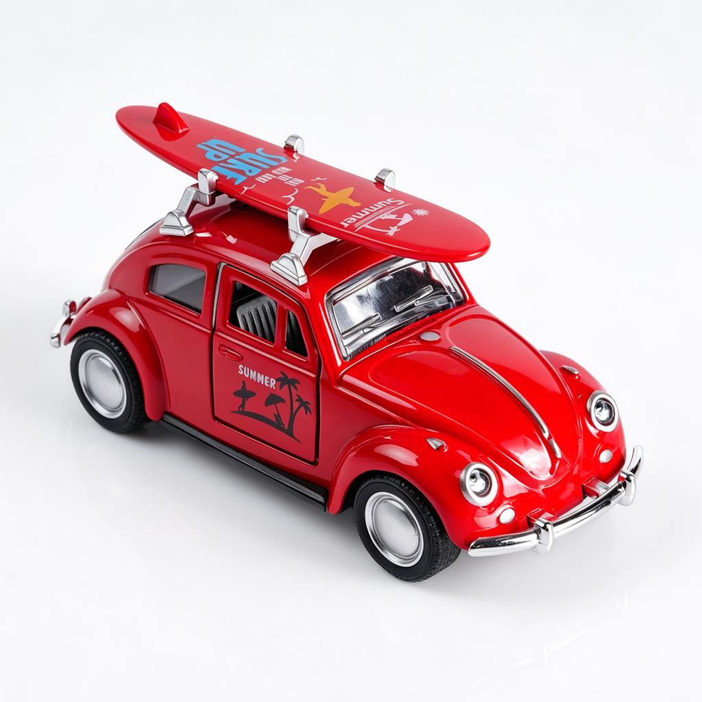 1:36 Červený Volkswagen Brouk Kovový Model s Surfovým Prknem, Slitina Model na Zatáhnutí s Otevíracími Dveřmi, Retro Letní Plážová Hračka pro Děti