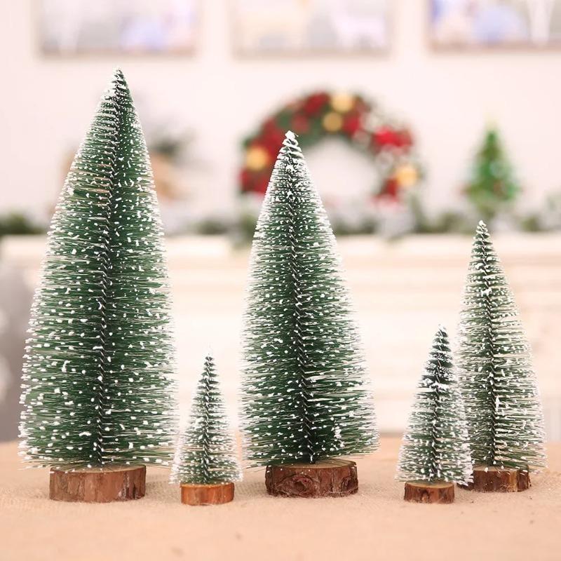 Mini Christmas Trees Artificial Pine Tabletop Decor Snow Top Dark Green Silver White Wood Base Xmas Party Decoration Decoration